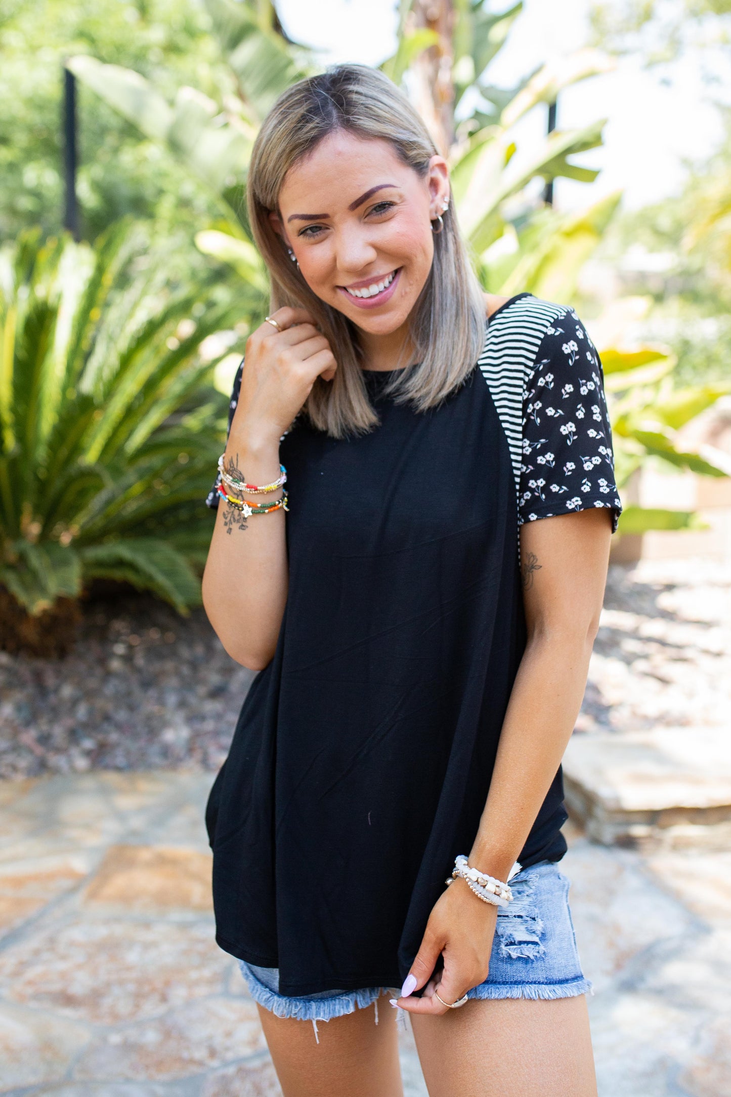 Classy Striped Floral Short Sleeve Top