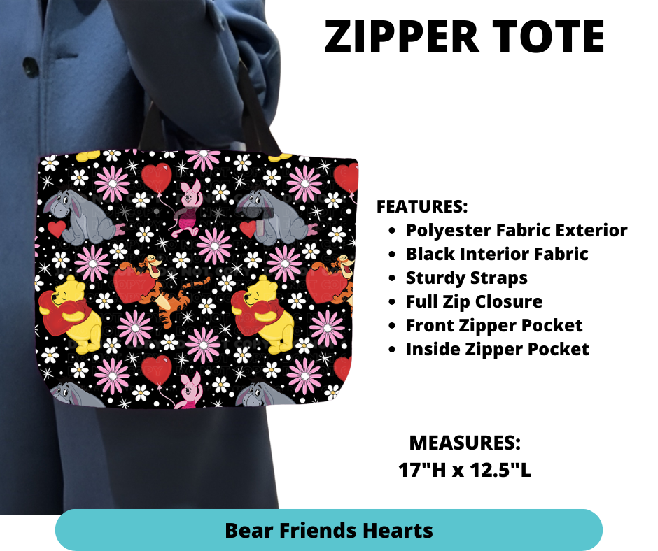 Preorder! Closes 12/4. ETA Feb. Bear Friends Hearts Zipper Tote