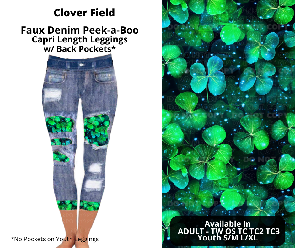 Preorder! Closes 12/9. ETA Feb. Clover Field Faux Denim Peekaboo Capris