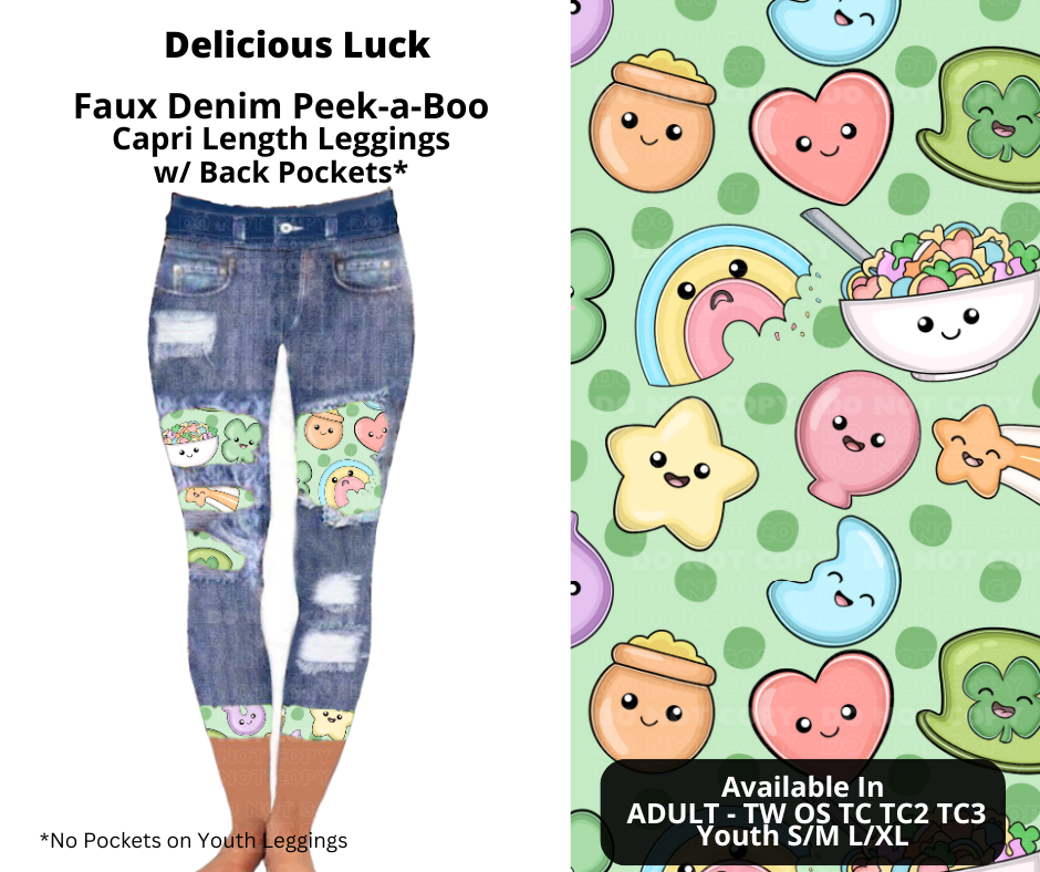 Preorder! Closes 12/9. ETA Feb. Delicious Luck Faux Denim Peekaboo Capris