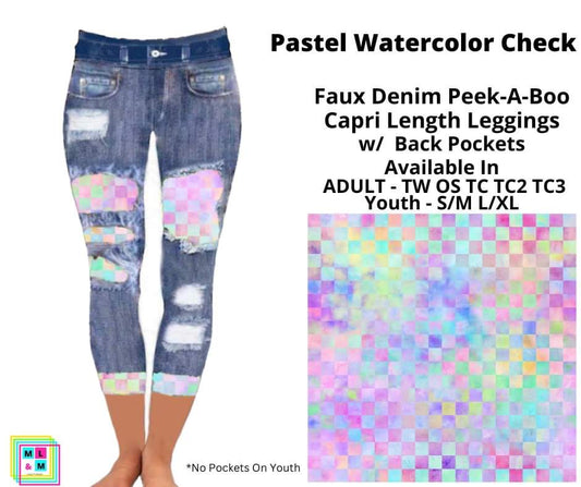 Pastel Watercolor Check Faux Denim Peekaboo Capris