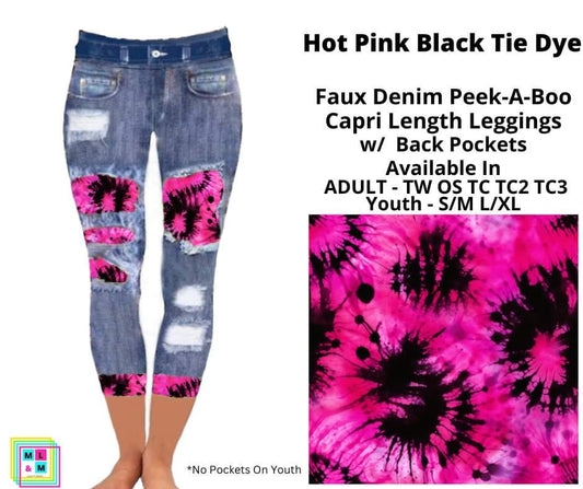 Hot Pink Black Tie Dye Faux Denim Peekaboo Capris