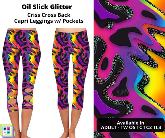 Oil Slick Glitter Criss Cross Capri w/ Pockets