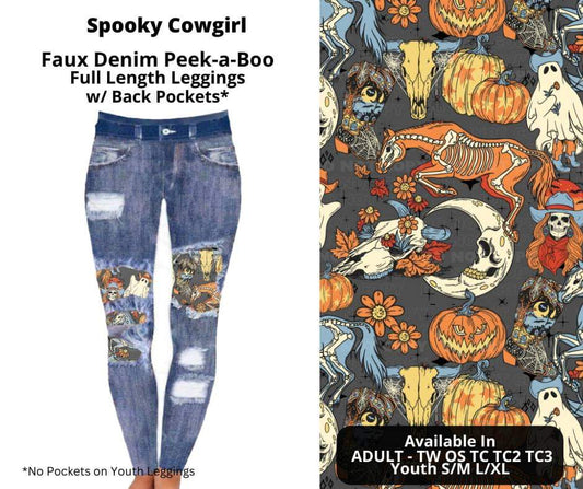 Spooky Cowgirl Faux Denim Full Length Peekaboo Leggings