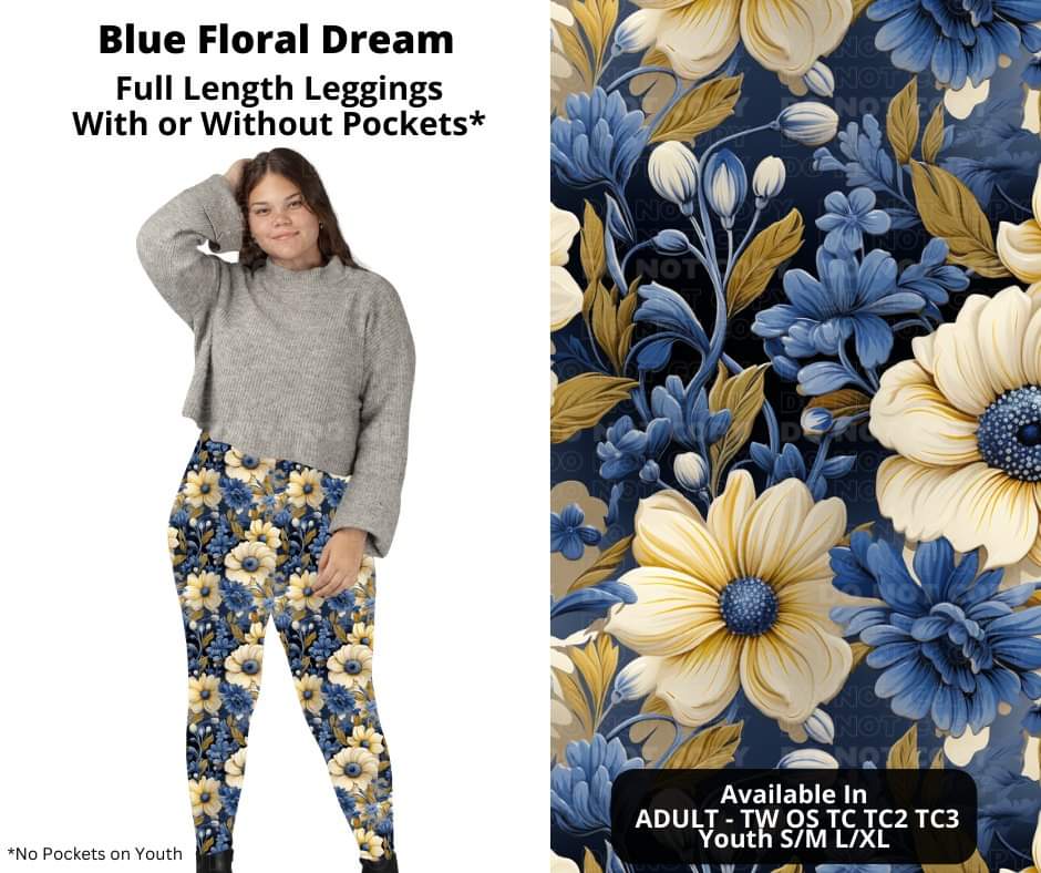 Blue Floral Dream Full Length Leggings w/ Pockets