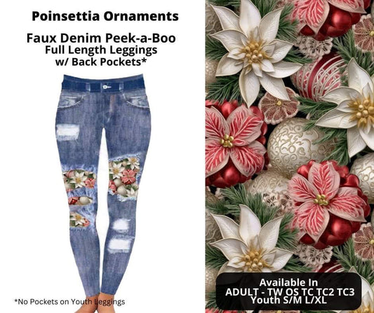 Poinsettia Ornaments Faux Denim Full Length Peekaboo Leggings