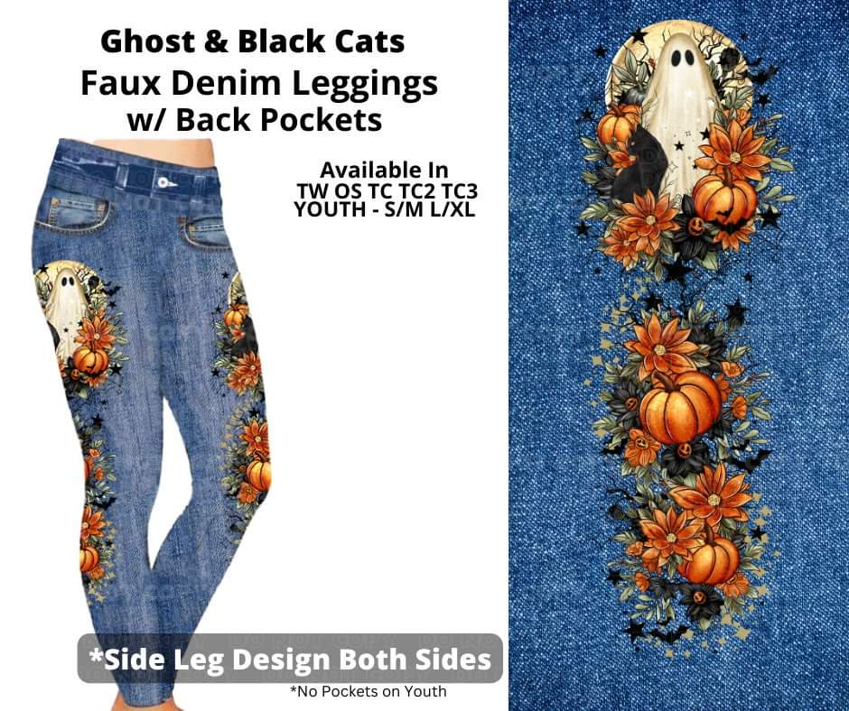 Ghost & Black Cats Full Length Faux Denim w/ Side Leg Designs