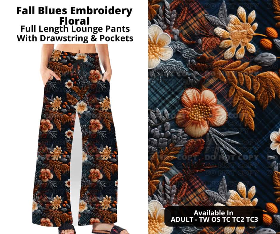 Fall Blues Embroidery Full Length Lounge Pants