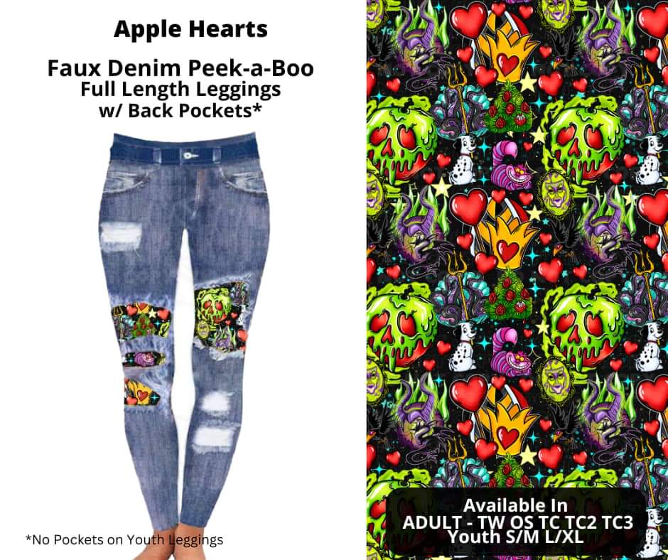 Apple Hearts Faux Denim Full Length Peekaboo Leggings