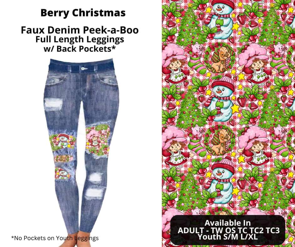 Berry Christmas Faux Denim Full Length Peekaboo Leggings