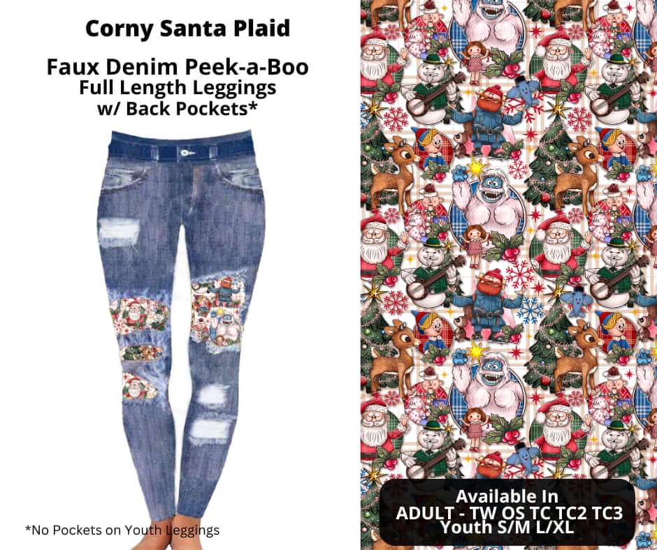 Corny Santa Plaid Faux Denim Full Length Peekaboo Leggings