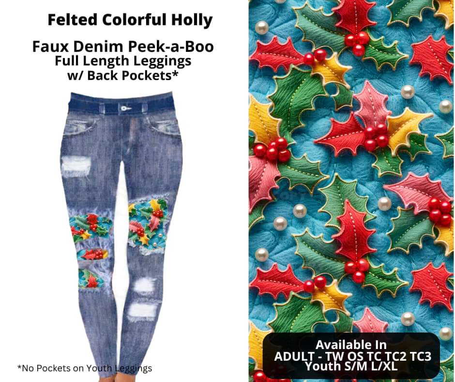 Felted Colorful Holly Faux Denim Full Length Peekaboo Leggings