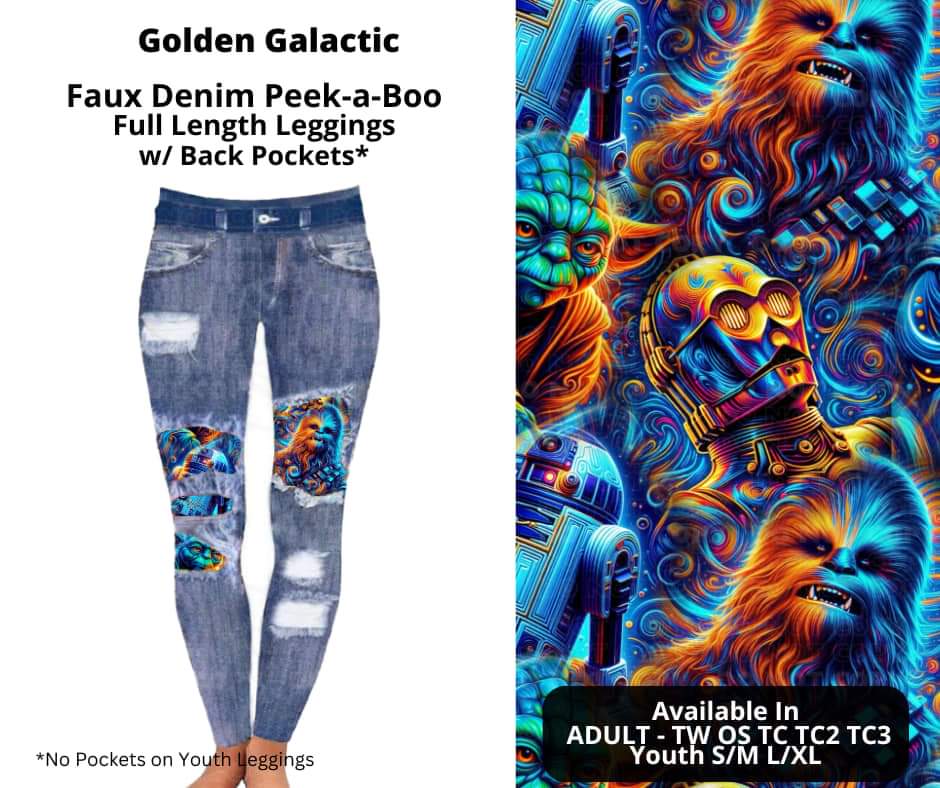 Golden Galactic Faux Denim Full Length Peekaboo Leggings