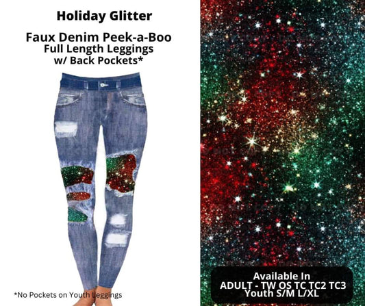 Holiday Glitter Faux Denim Full Length Peekaboo Leggings