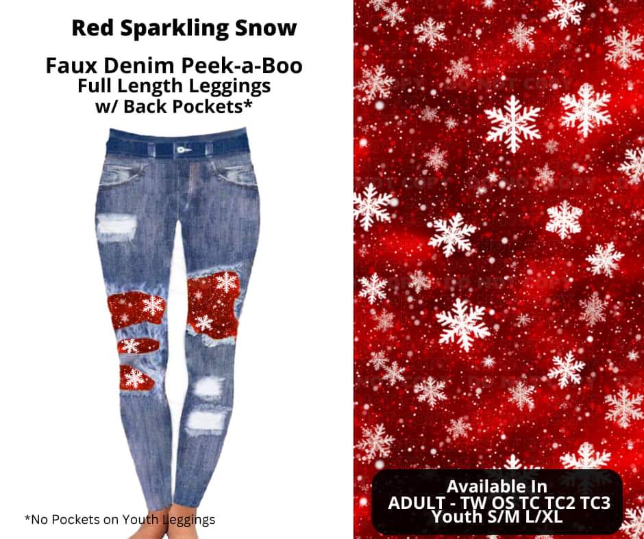 Red Sparkling Snow Faux Denim Full Length Peekaboo Leggings