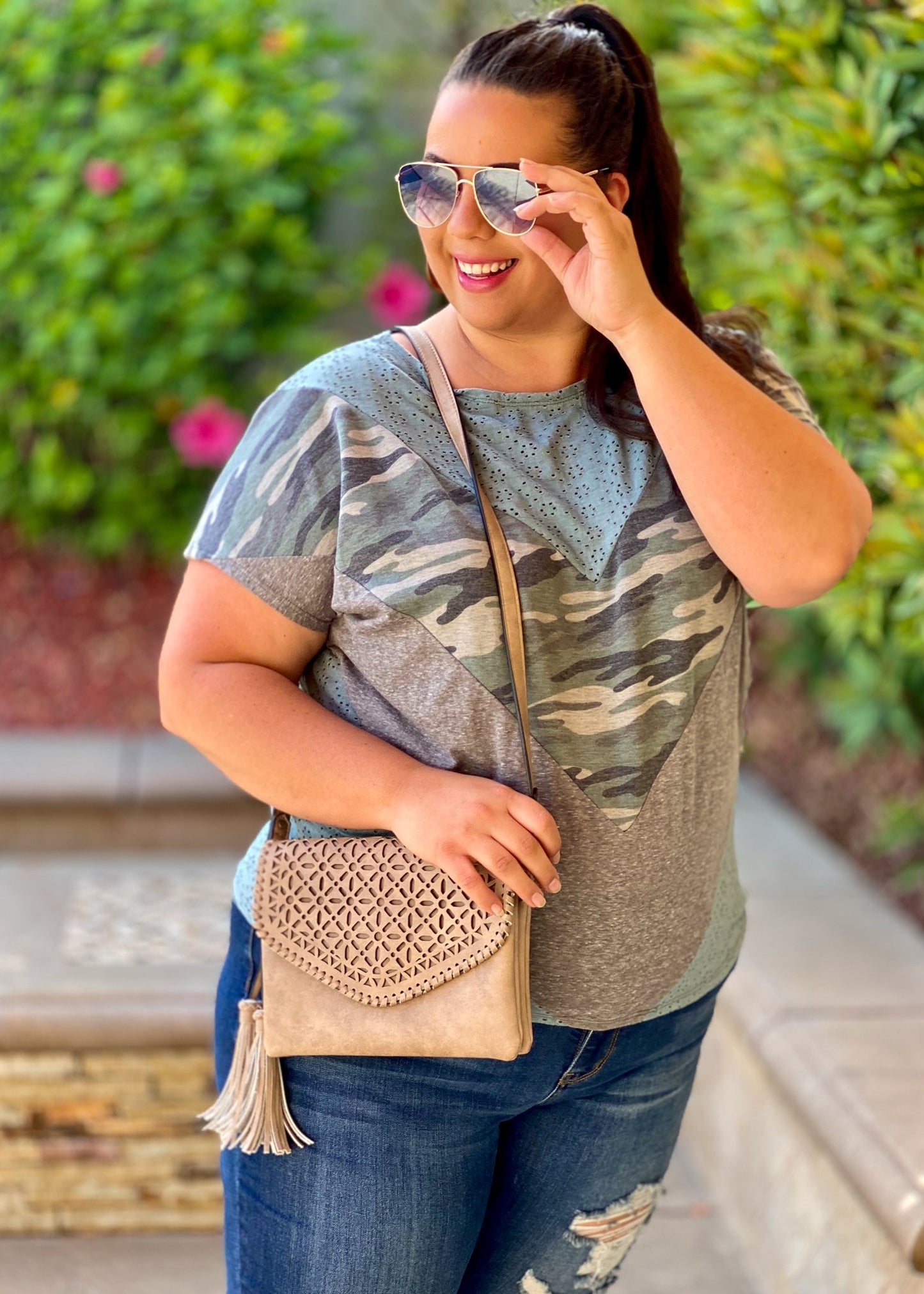 One of a Kind Eyelet Color Block Tee