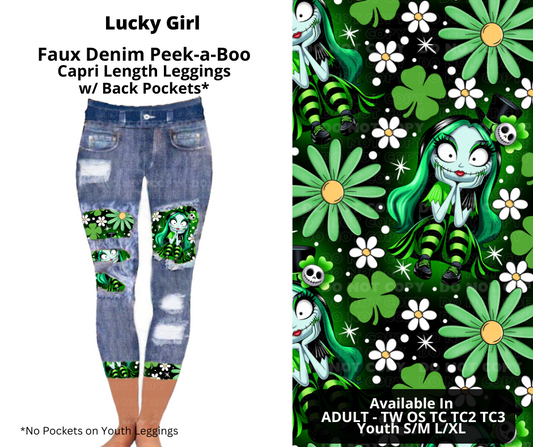 Preorder! Closes 12/9. ETA Feb. Lucky Girl Faux Denim Peekaboo Capris