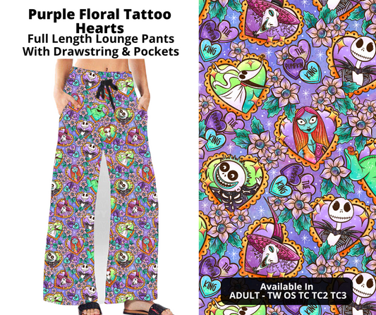 Purple Floral Tattoo Hearts Full Length Lounge Pants