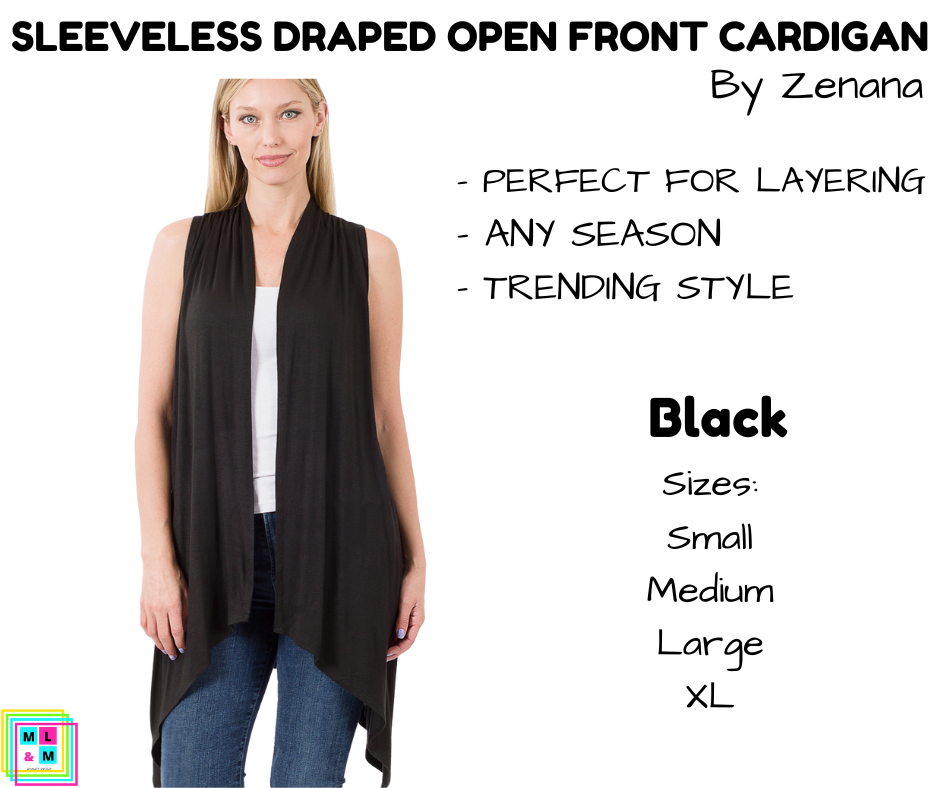 Sleeveless Draped Open Front Cardigan - Black