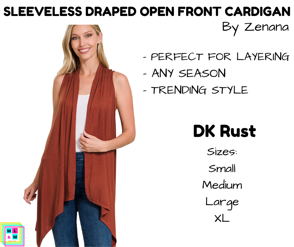 Sleeveless Draped Open Front Cardigan - DK Rust