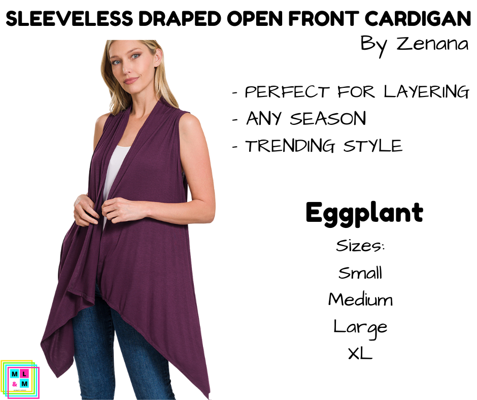 Sleeveless Draped Open Front Cardigan - Eggplant