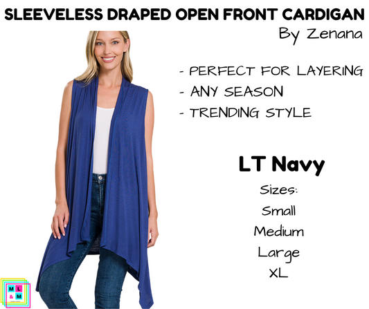 Sleeveless Draped Open Front Cardigan - LT Navy