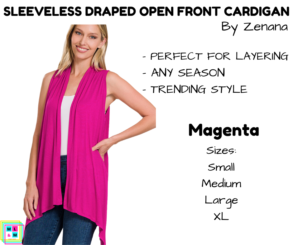 Sleeveless Draped Open Front Cardigan - Magenta