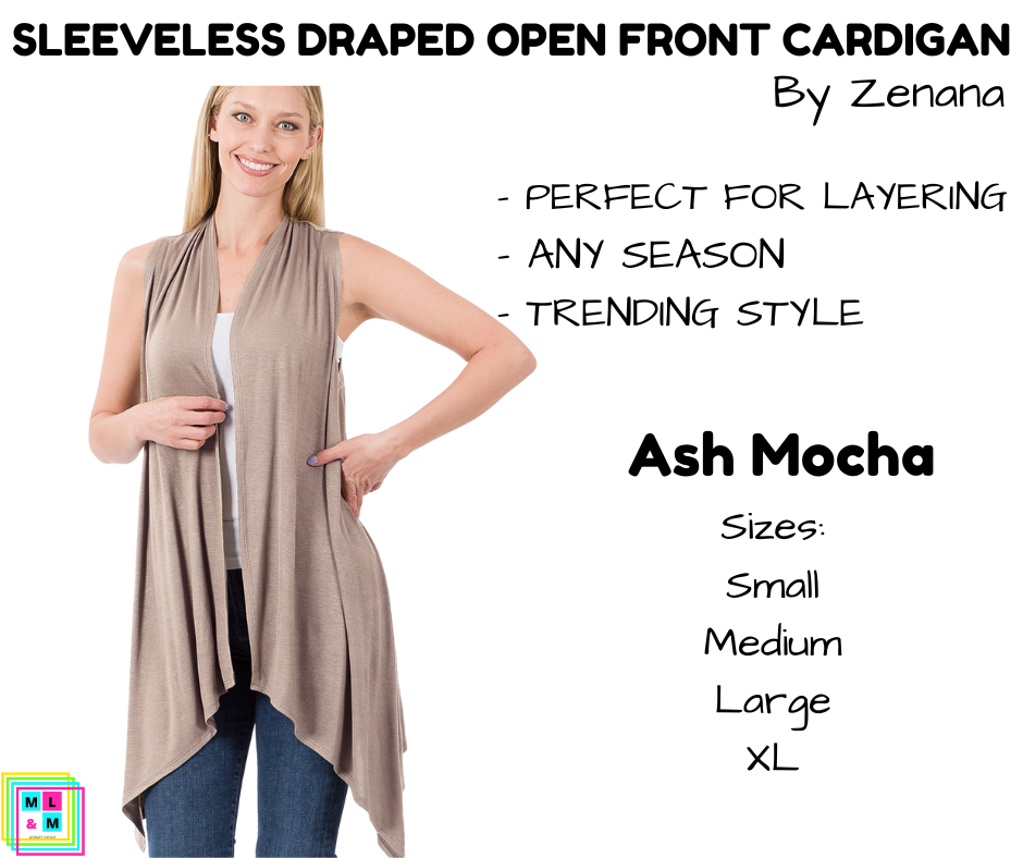 Sleeveless Draped Open Front Cardigan - Ash Mocha