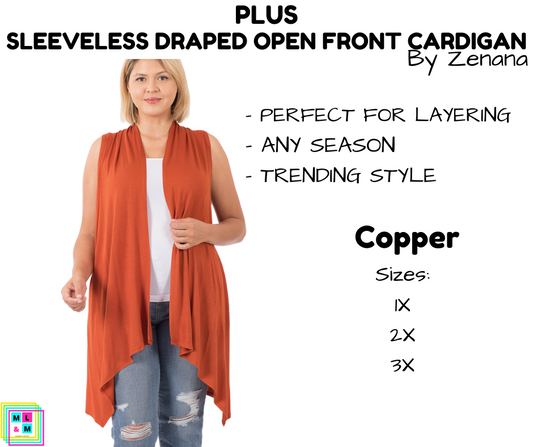 PLUS Sleeveless Draped Open Front Cardigan - Copper