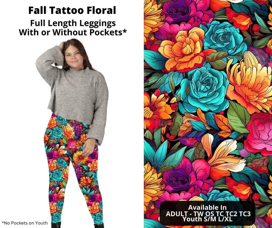 Fall Tattoo Floral Full Length Leggings w/ Pockets