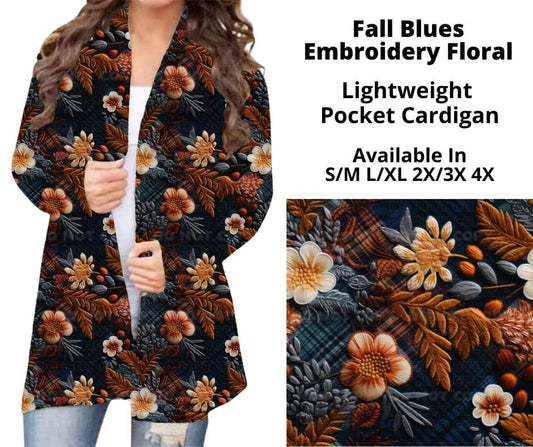 Fall Blues Embroidery Floral Pocket Cardigan