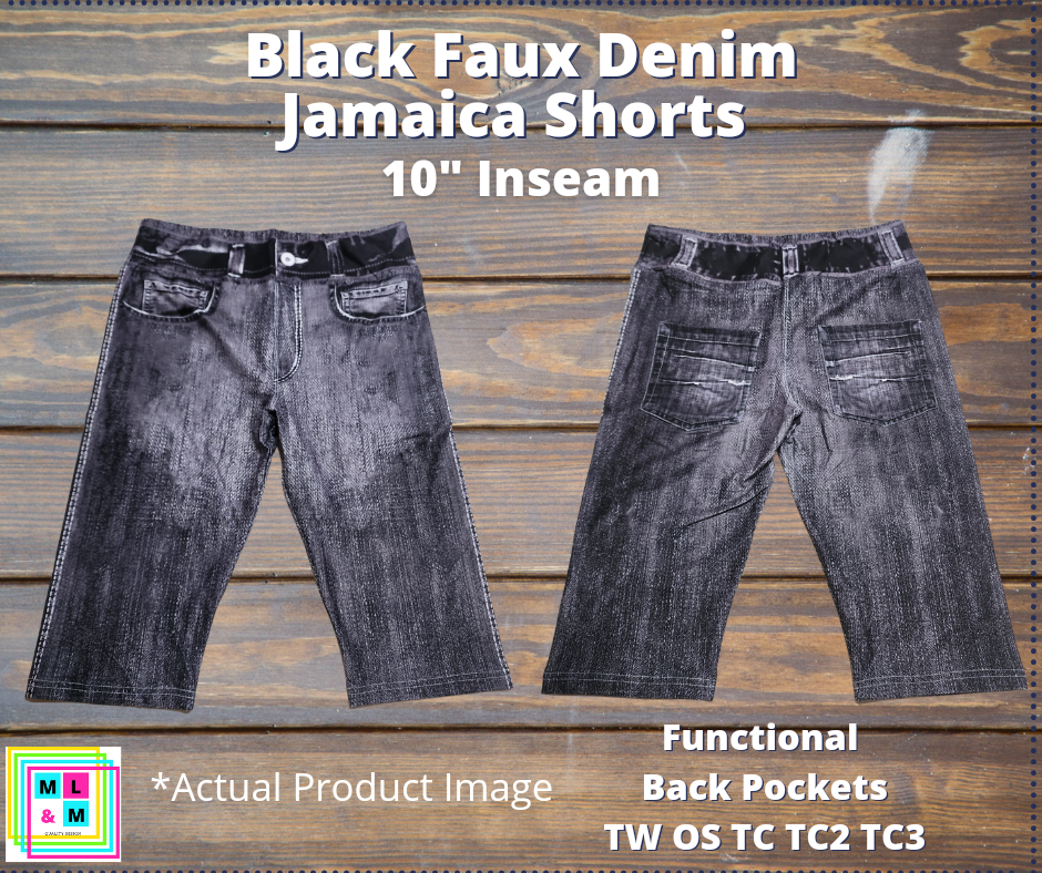 Black Faux Denim Jamaica Shorts w/ Back Pockets