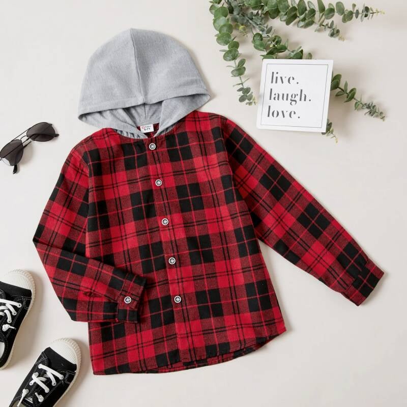 Button Design Long-sleeve Hooded Red Plaid Shirt — 7/8