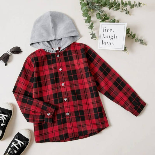 Button Design Long-sleeve Hooded Red Plaid Shirt — 7/8