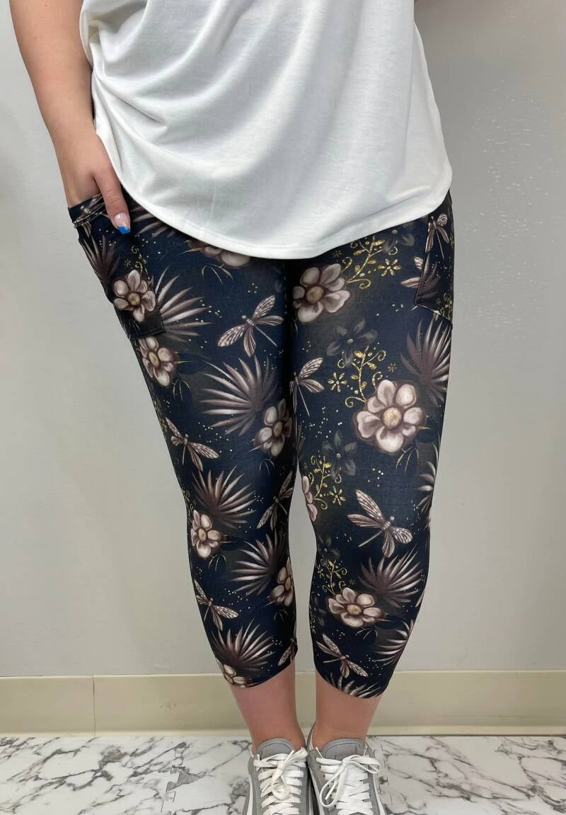 Floral Dragonfly capri with pockets — OS – Comfortland Clothing