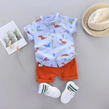 Dinosaur Print Short-sleeve Shirt and Pants Set