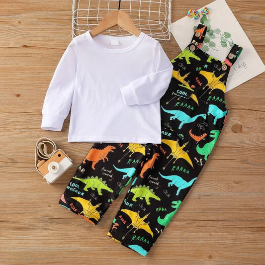 Long sleeve White T shirt and Dinosaur Print Overalls Set