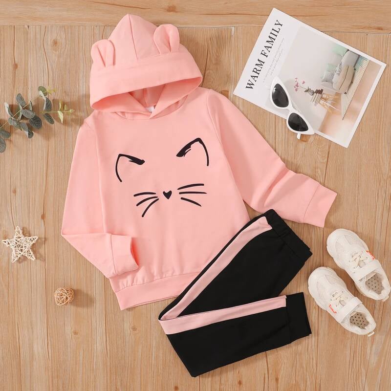 Animal Cat Print Hoodie Sweatshirt and Colorblock Pants Set