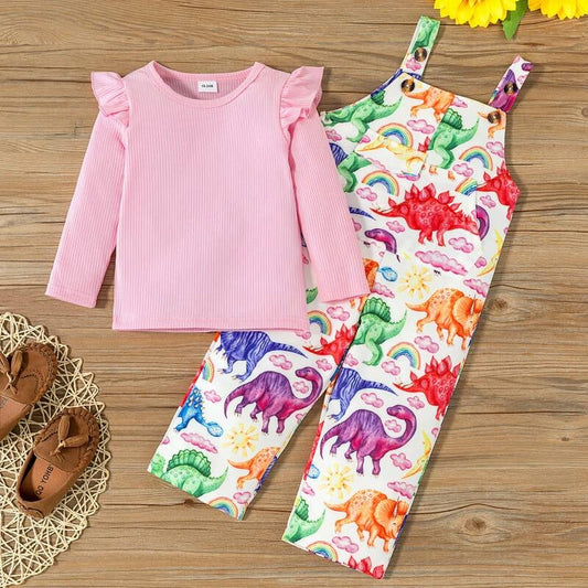 Ruffled Ribbed Pink Top and Dinosaur Print Overalls Set — 5/6