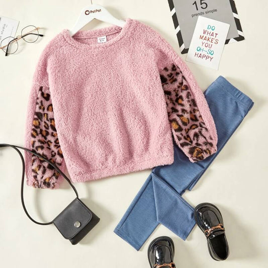 Leopard Print Fuzzy Pullover Sweatshirt and Denim Leggings Set