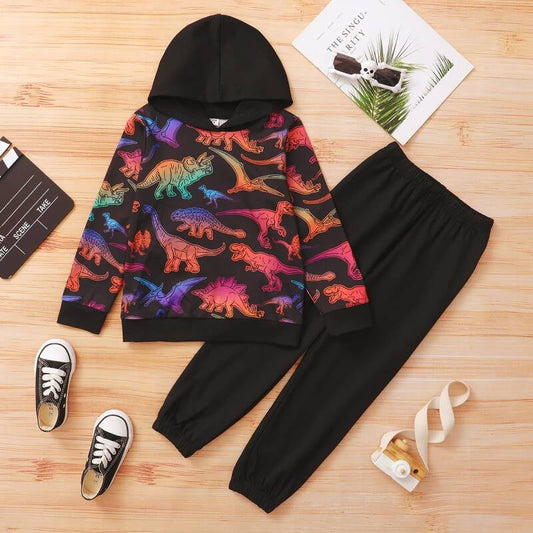 Animal Dinosaur Print Hoodie Sweatshirt and Black Pants Set