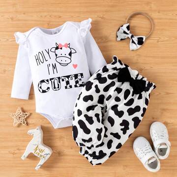 3pcs Baby Girl Letter and Cow Print White Long sleeve Romper and Bowknot Trousers Set 9-12M