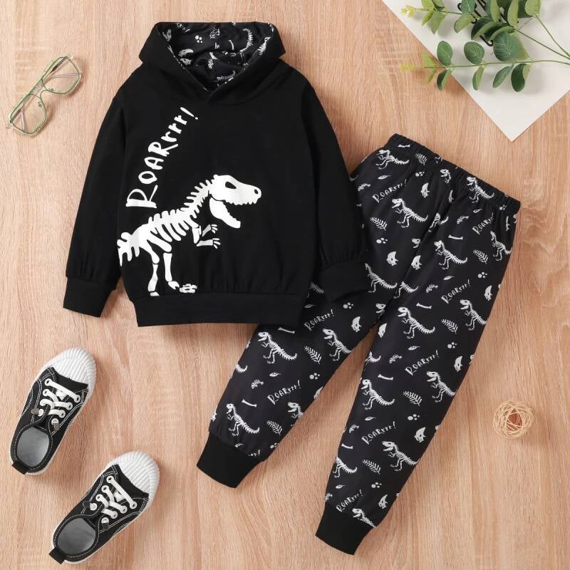 Letter Dinosaur Print Hoodie Sweatshirt and Pants Set