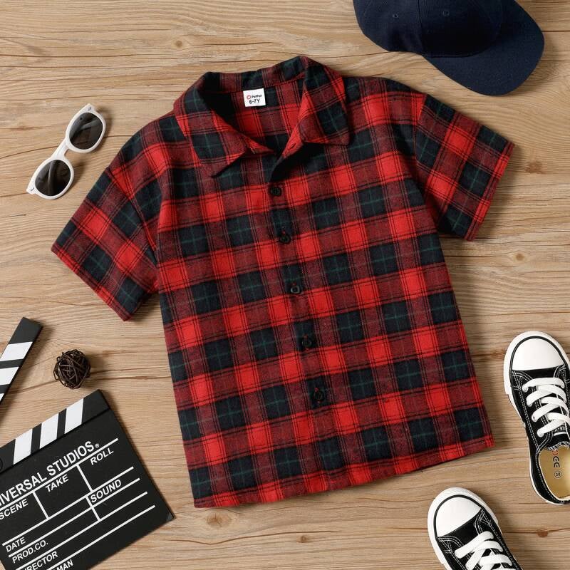 Lapel Collar Button Design Short-sleeve Plaid Shirt