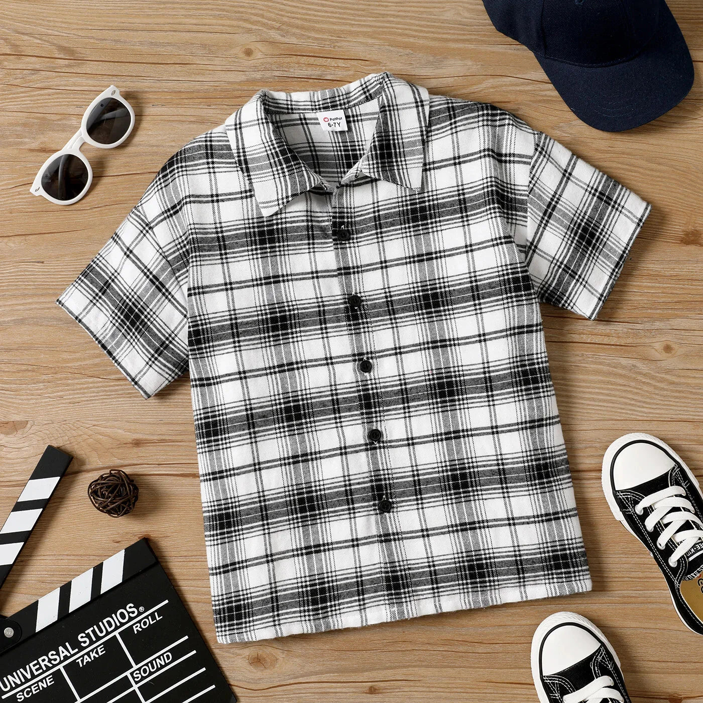 Lapel Collar Button Design Short-sleeve Plaid Shirt