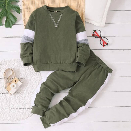 Colorblock Army Green Sweatshirt and Pants Set