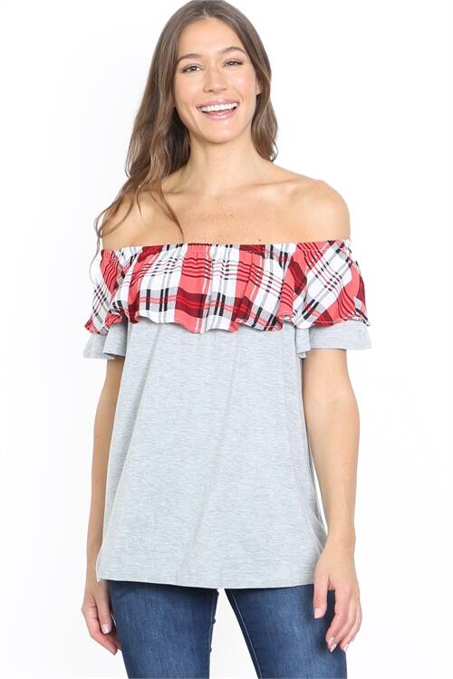 Ruffle plaid print off the shoulder top