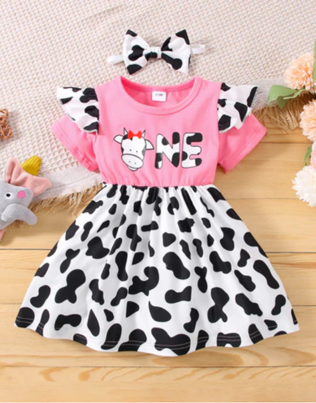 Cow Print Dress with Headband Set — 9-12M