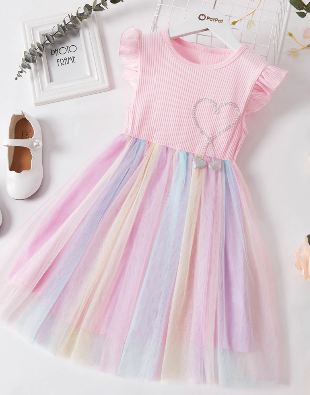 Beautiful Kid Girl Princess Fly Sleeve Heart Rainbow Mesh Dress — 4/5