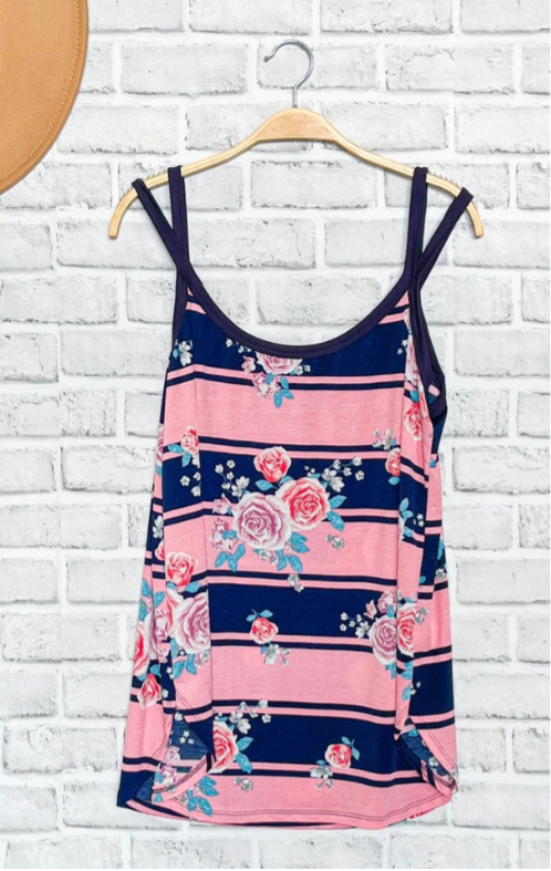 NAVY & PINK FLORAL STRIPE TOP